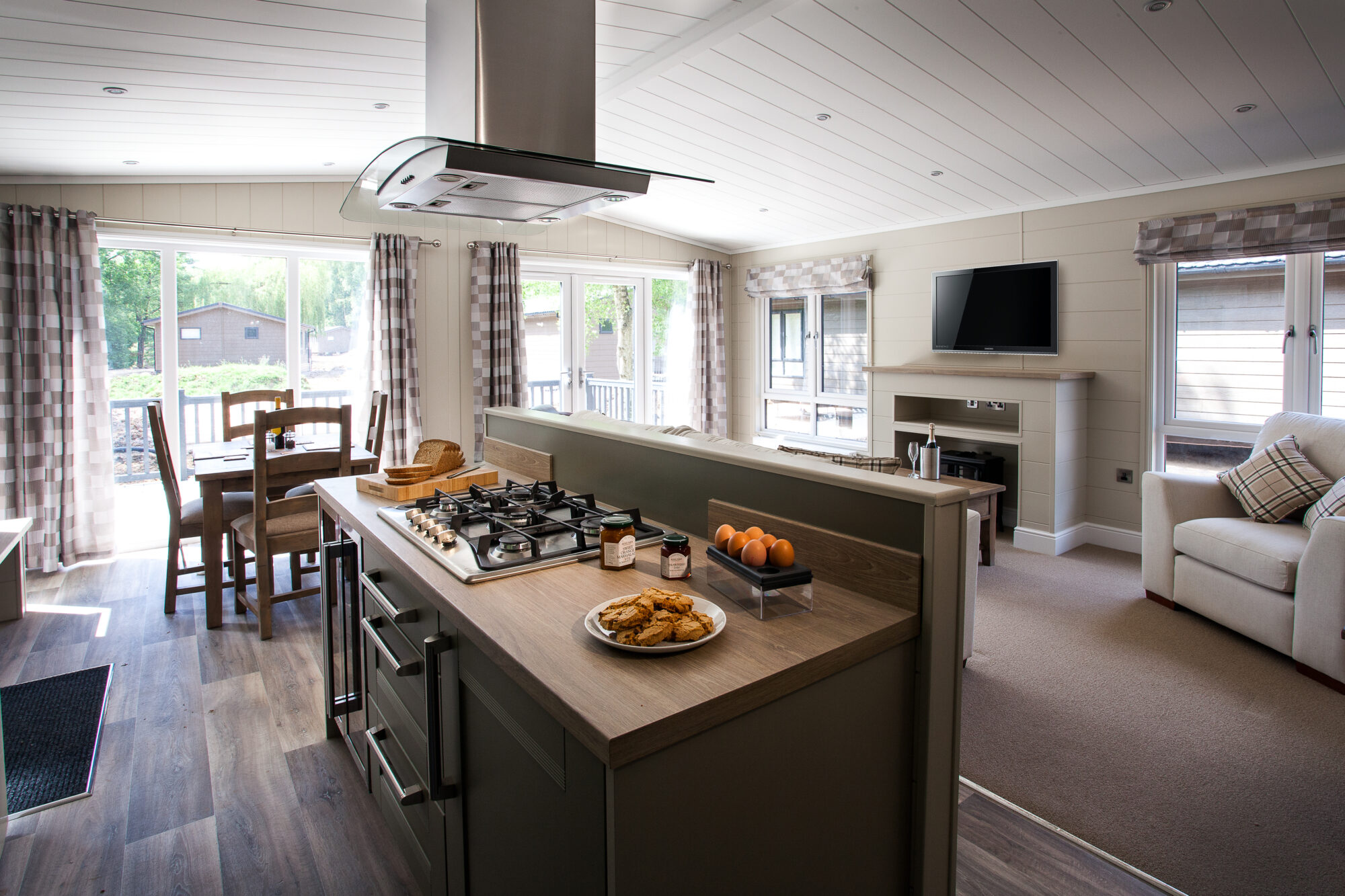 Interior shot of a kitchen in a lodge at Bath Mill 