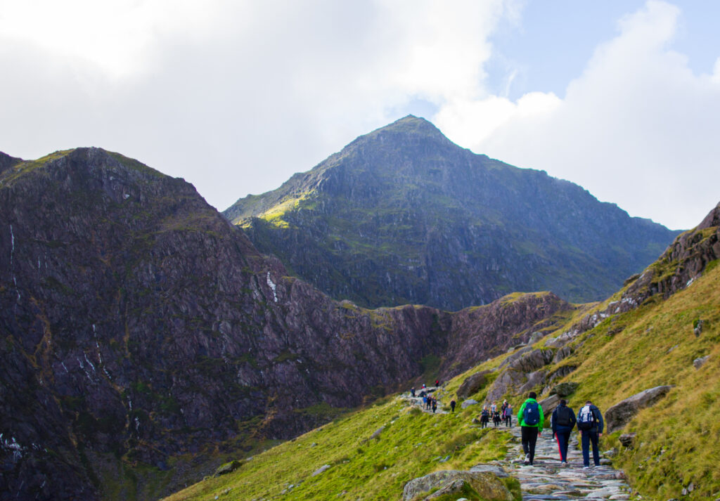 groups of people walking towards snowdonia