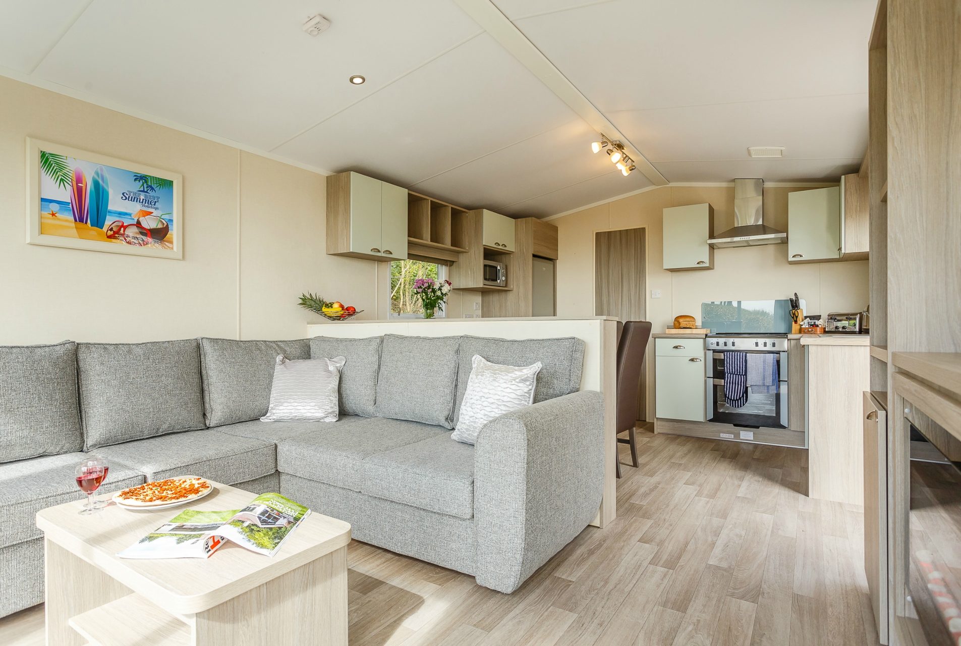 Modern caravan with open plan lounge diner and kitchen