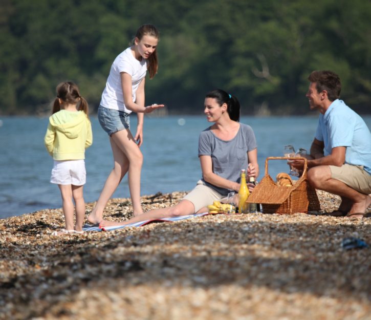 family picnic on shale beach. The eldest girl shows something unseen in her hands to her parents